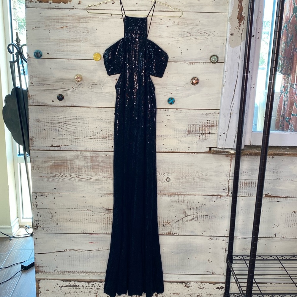 Jay Godfrey black sequin dress with side cut outs